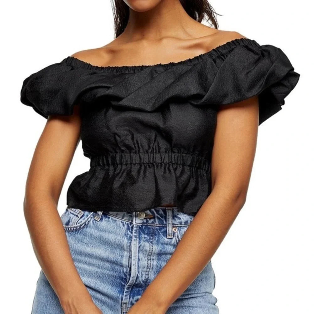 TOPSHOP Textured Bardot Blouse, Size US 2, Black, NWT